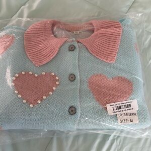 POL Blue and Pink Cardigan with Decorative Bow Collar and pearl hearts